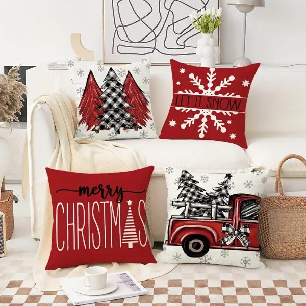 4pcs Red Christmas Pillow Covers, 18*18Inch Set Of 4 Farmhouse Christmas Decorations, Merry Christmas Tree Truck Hello Winter Holiday Decor Throw Cushion Cases For Couch Sofa Living Room Outdoor，Without Pillow Inserts