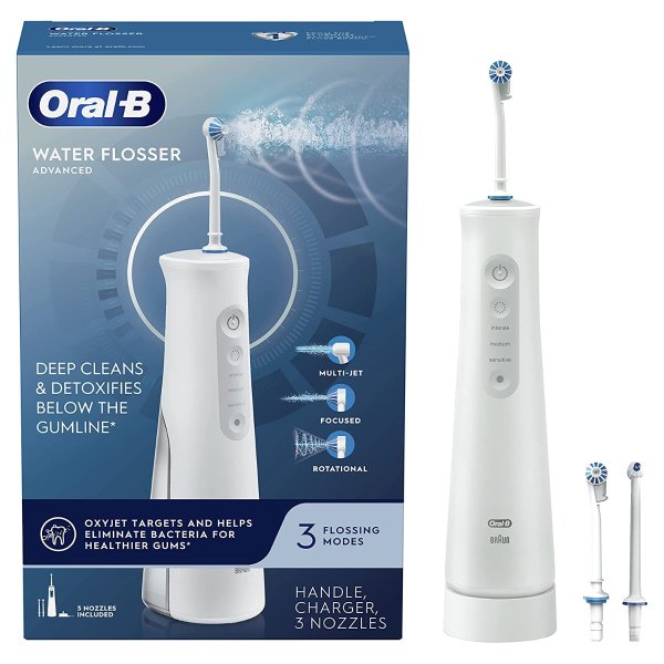 Oral-B Water Flosser Advanced, Cordless Portable Oral Irrigator Handle with 3 Nozzles