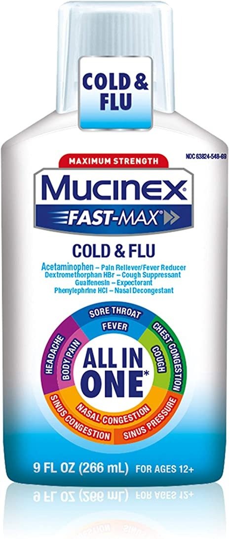 Fast-Max Maximum Strength All-In-One Cold & Flu, 9 oz Bottle, For Use On Headaches, Body Pain, Sore Throats, Fevers, Chest Congestion, Cough, Nasal/Sinus Congestion, and Sinus Pressure