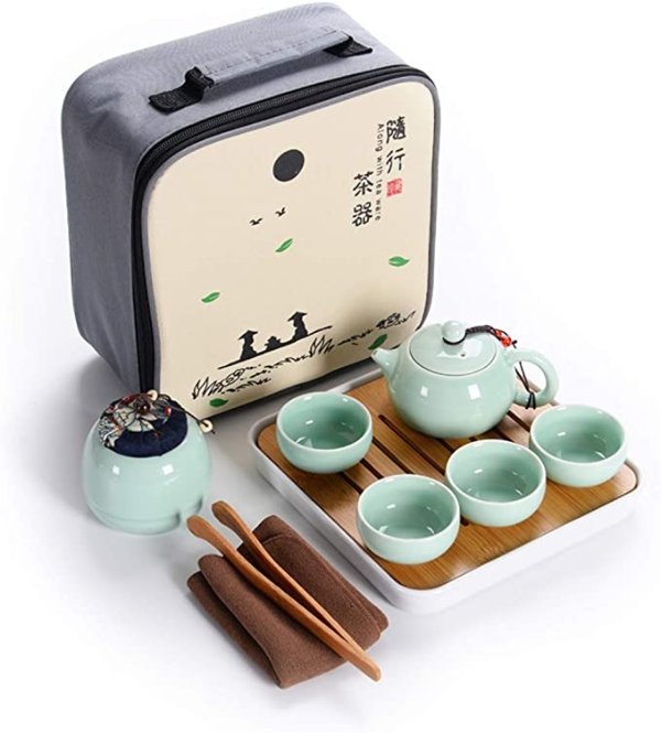 Ceramic Kungfu Tea Set,Portable Travel Tea Set with Teapot,Teacups,Tea Canister,Tea Tray and Travel Bag,Suitable for Travel, Home,Outdoor and Office (Green)