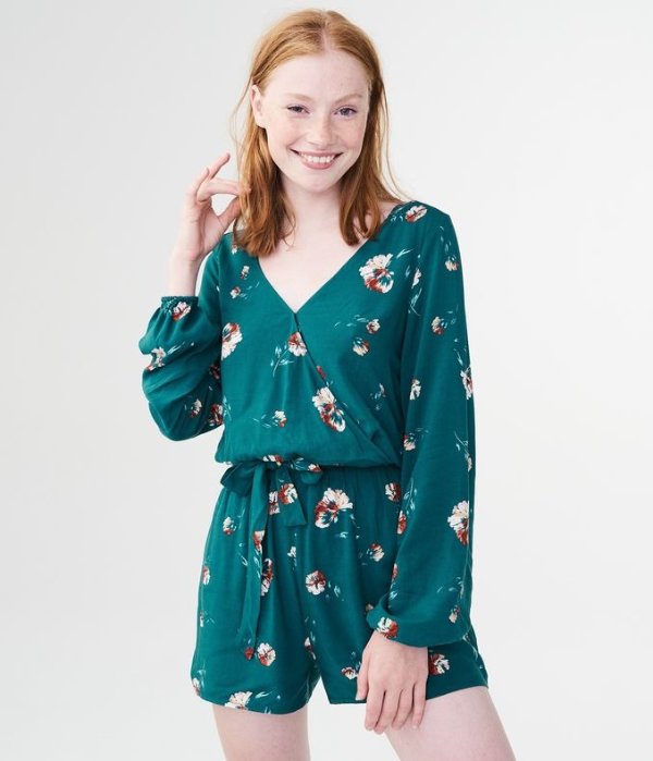 Long Sleeve Floral Wrap-Front Romper