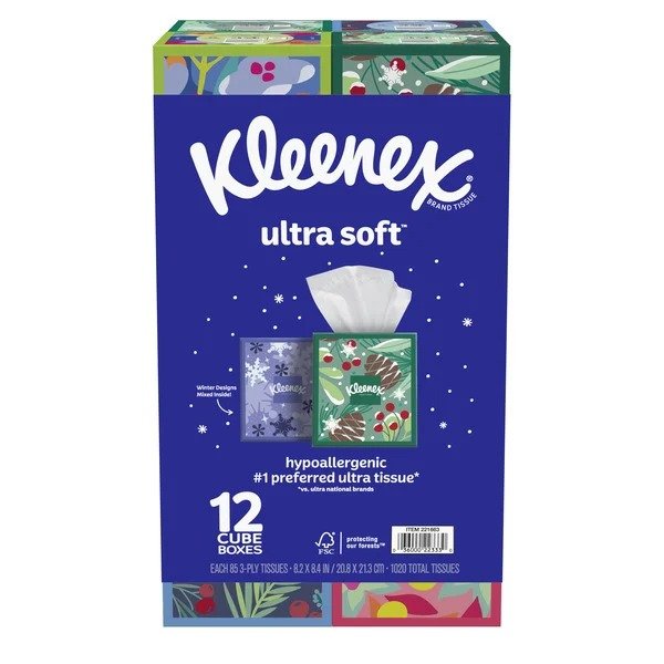 Kleenex Ultra Soft Facial Tissue, 3-Ply, Upright Box, 85 Tissues, 12 ct