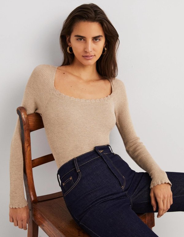 Ribbed Square Neck Knitted Top - Chinchilla Melange 