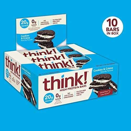 (thinkThin) High Protein Bars - Cookies and Creme, 20g Protein, 0g Sugar, No Artificial Sweeteners, Gluten Free, GMO Free, 2.1 oz bar (10 Count - Packaging May Vary)