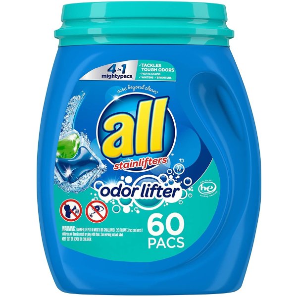 all Mighty Pacs Laundry Detergent 4-In-1 with Odor Lifter, Tub, 60 Count