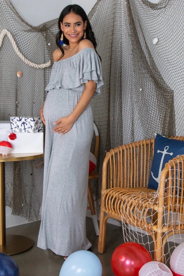 Heather Grey Off Shoulder Ruffle Trim Maternity Maxi Dress