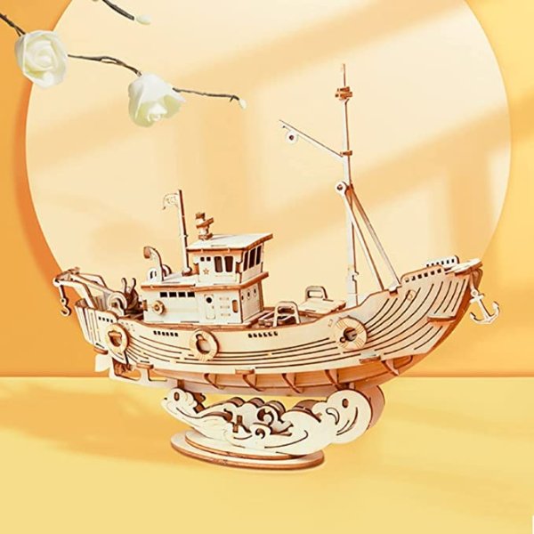 3D Wooden Puzzle Ship for Kids, Wooden Model Ship Kits for Adults Model Building Kit, Educational Brain Teaser for Adults to Build, for Kids Ages 8-10 (Fishing Ship/7.5 * 2 * 6.3)