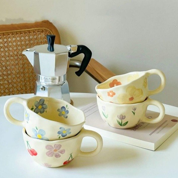 4 color coffee mugs Ceramic Mugs Coffee Cups Hand Pinched Irregular Flower Milk Tea Cup ins Korean style Oatmeal Breakfast Mug Drinkware Kitchen