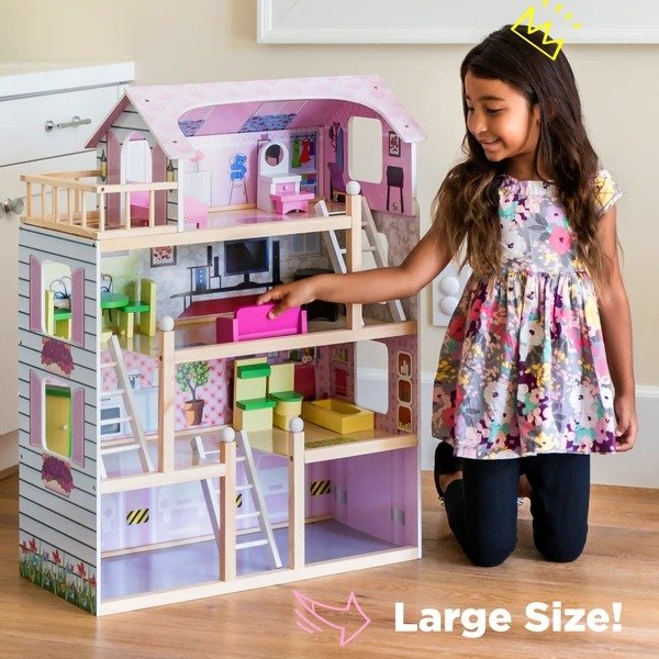 4-Level Kids Wooden Dollhouse w/ 13 Furniture Accessories