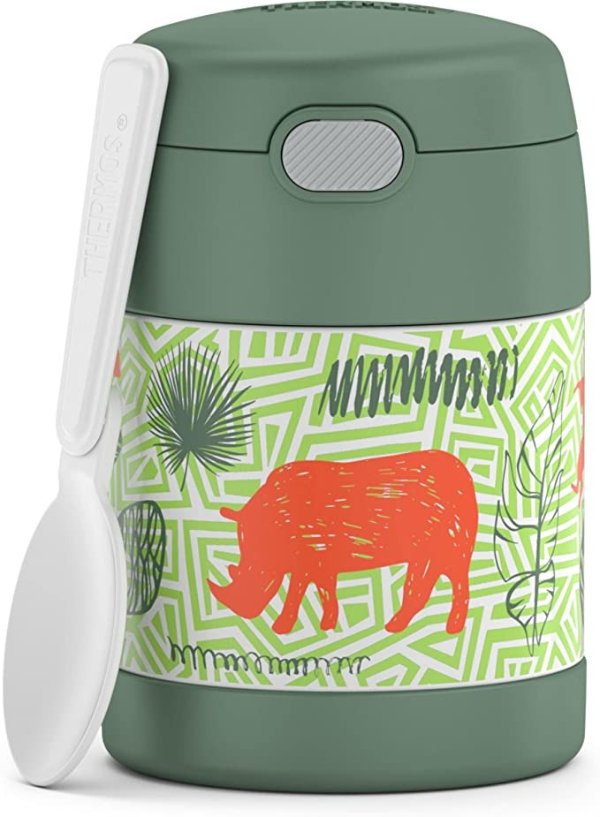 FUNTAINER 10 Ounce Stainless Steel Vacuum Insulated Kids Food Jar with Spoon, Jungle Kingdom