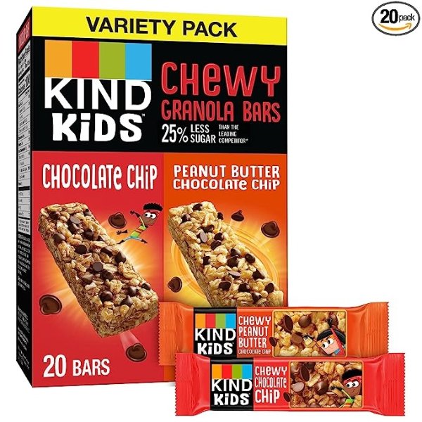 KIDS Chewy Granola Bars, Chocolate Chip and Peanut Butter Chocolate Chip, Variety Pack, 100% Whole Grains, Gluten Free Bars, 0.81 oz (20 Count)