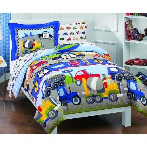 Dream Factory Trucks Tractors Cars Boys 5-Piece Comforter Sheet Set, Blue Red, Twin @ Amazon