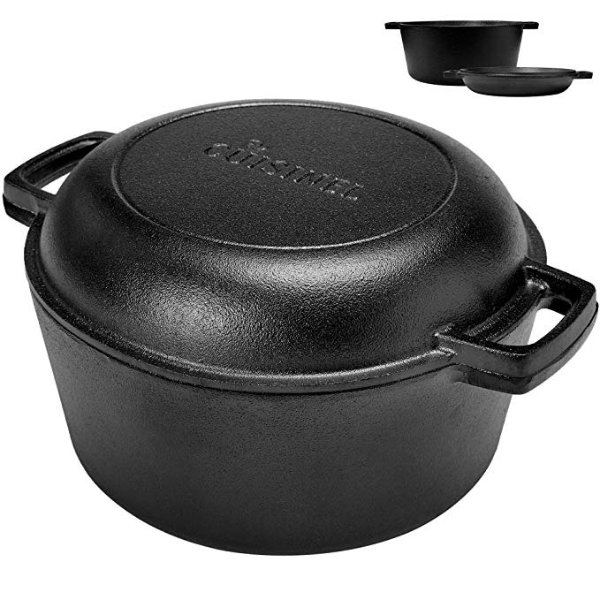Pre-Seasoned Cast Iron Skillet and Double Dutch Oven Set – 2 In 1 Cooker: 5 Quart Deep Pan, 10" Frying Pan Converts to Lid for Dutch Oven – Grill, Stove Top and Induction Safe