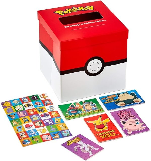 Valentines Day Cards for Kids and Mailbox for Classroom Exchange, Pokemon (1 Box, 32 Valentine Cards, 35 Stickers, 1 Teacher Card)