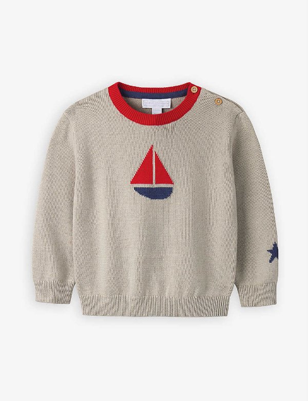 THE LITTLE WHITE COMPANY Sailboat-intarsia cotton jumper 0-24 months