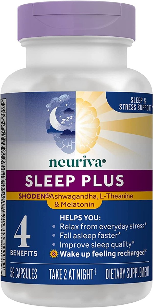 Sleep Plus with 4-in-1 Benefits - Clinically Tested Ashwagandha, L-Theanine & Melatonin - Reduce Stress, Fall Asleep Faster, Improve Sleep Quality, Wake Up Refreshed*, 58ct Capsules