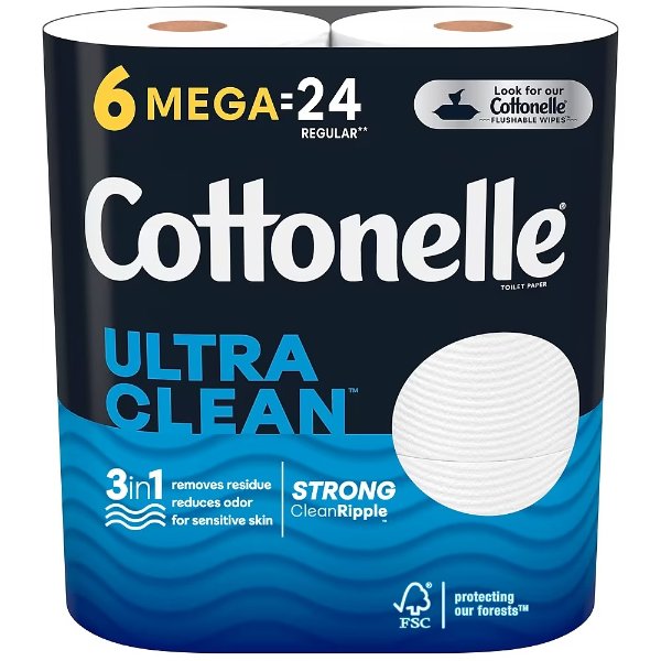 Ultra CleanCare 1-Ply Standard Toilet Paper, White, 312 Sheets/Roll, 6 Mega Rolls/Pack (47747)