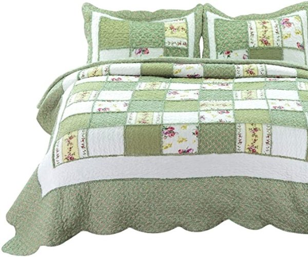 2-Piece Printed Quilt Set Twin Size (68x86 inches), Green Ruffle, Lightweight Coverlet Design for Spring and Summer, 1 Quilt and 1 Pillow Sham