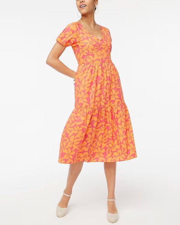 Petite tiered midi dress with puff sleeves