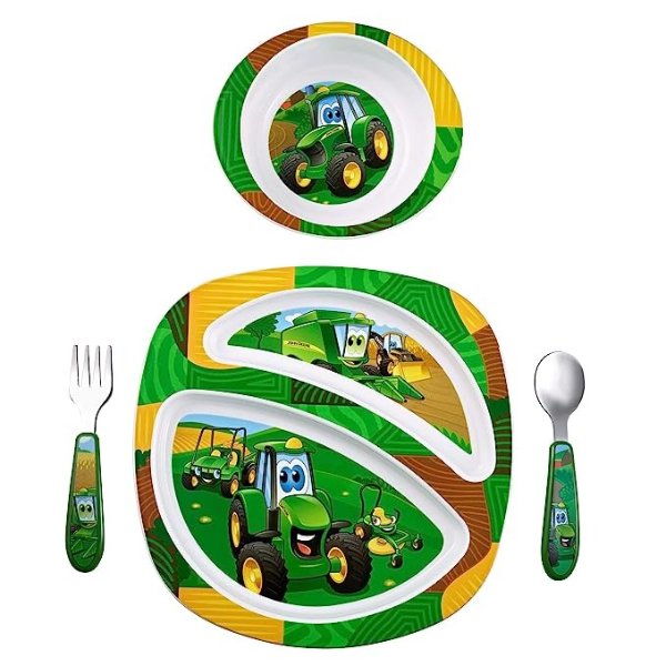 John Deere's Johnny Tractor and Friends Dinnerware Set - Toddler Plates and Bowls Set - Includes Toddler Plate, Toddler Bowl, Toddler Fork and Toddler Spoon - 4 Count