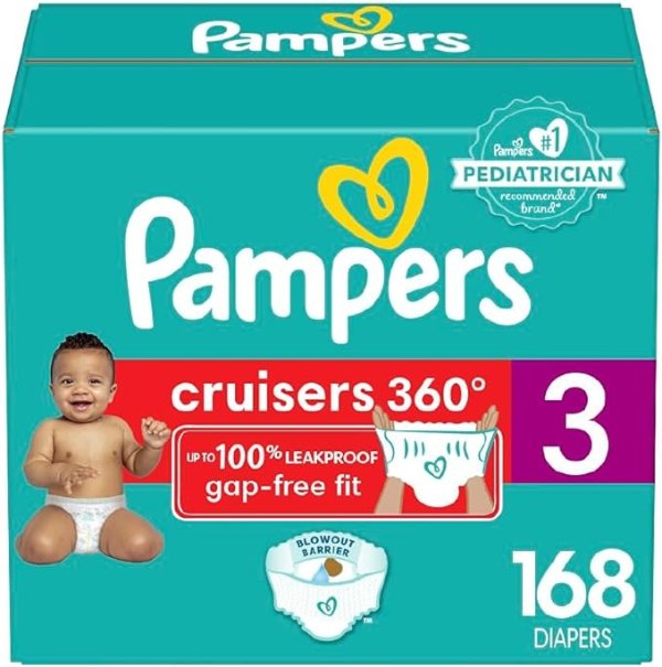 Diapers Size 3, 168 Count - Pampers Pull On Cruisers 360° Fit Disposable Baby Diapers with Stretchy Waistband, ONE Month Supply (Packaging May Vary)