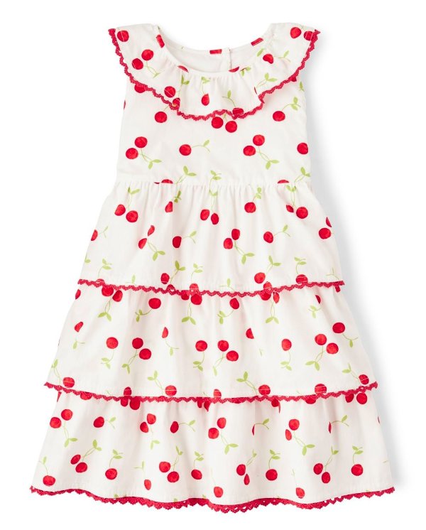 Girls Sleeveless Cherry Print Poplin Tiered Dress - Very Cherry