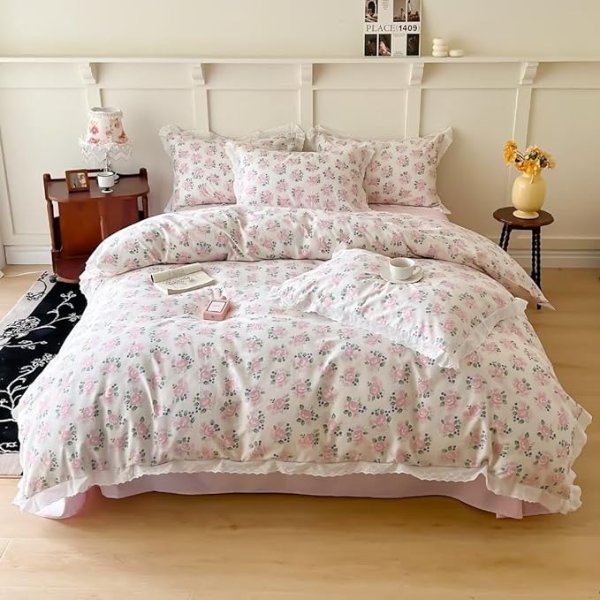 BuLuTu Girls Duvet Cover Twin Size with Lace Trims, Pink Rose Floral Duvet Cover, Soft Cotton Bedding Sets Shabby Chic Comforter Cover Vintage Botanical Quilt Cover Bedspread, Twin, Zipper Closure