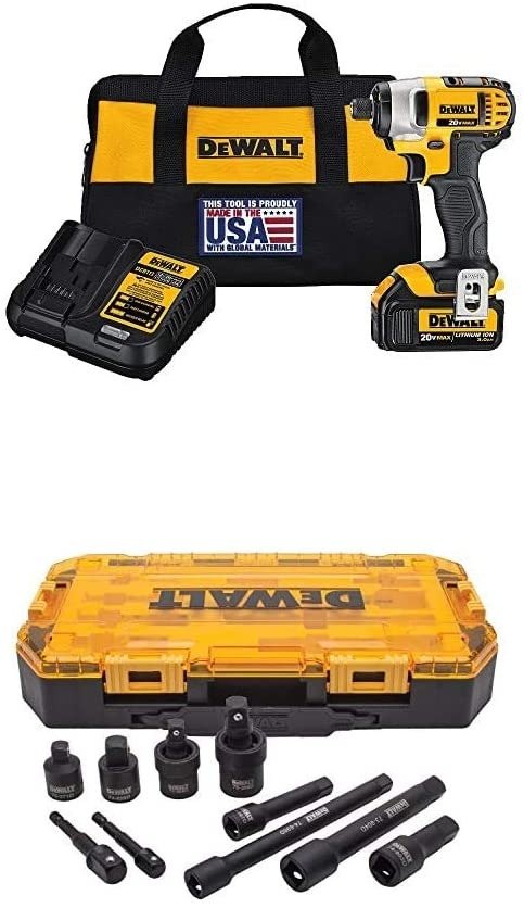 20V MAX Impact Driver Kit, 1 Battery with Socket Adapter Set, 10-Piece, 3/8" & 1/2" Drive, Metric (DCF885L1 & DWMT74741)