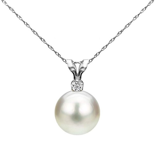 White Saltwater Cultured Japanese Akoya Pearl Diamond Pendant Necklace 14K Gold 1/100 CTTW 7-7.5mm