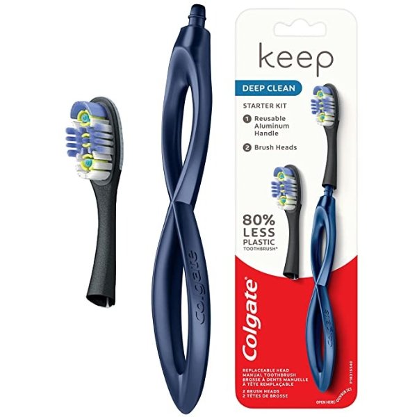 Keep Soft Manual Toothbrush for Adults with 2 Deep Clean Floss-Tip Brush Heads, Navy