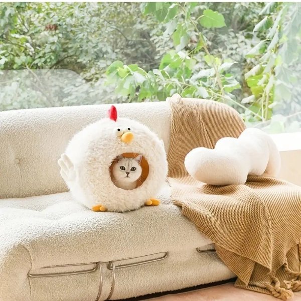 Cute Chicken Shaped Pet Cat Nest, Non Slip Bottom Cat House, Winter Warm Cat Kennel Enclosed Plush Cat Cave Nest With Removable Cushion, Pets Supplies