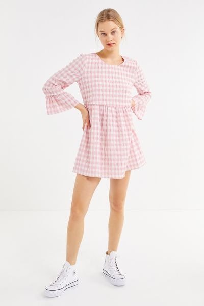 UO Seersucker Long Sleeve Mini Dress