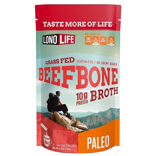 Beef Bone Broth Powder by LonoLife, Grass Fed, 10g Collagen Protein, Keto & Paleo Friendly, Low-Carb, Gluten Free, Portable Stick Packs (.53oz ea) - 10 Count