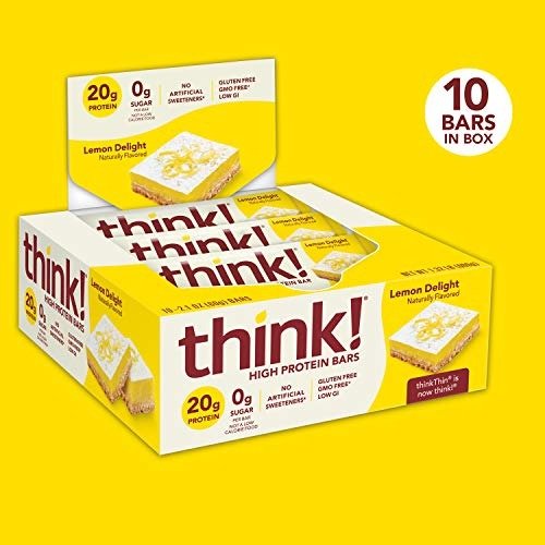 (thinkThin) High Protein Bars - Lemon Delight, 20g Protein, 0g Sugar, No Artificial Sweeteners**, Gluten Free, GMO Free*,2.1 Ounce (10 Count) - Packaging May Vary