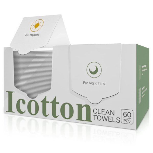 ICOTTON Clean Face Towel XL, World's First Day & Night 100% Cotton Dry Wipes, Ultra Soft Disposable Face Towel for Sensitive Skin, Makeup Remover Face Wipes 60 Count 11.81" x 9.84".
