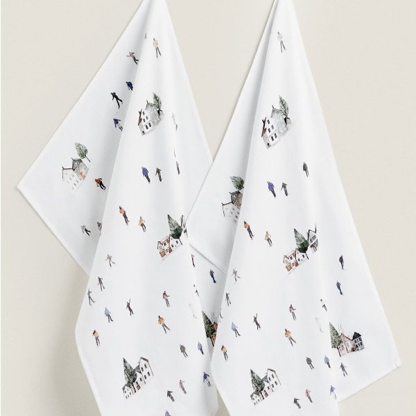PACK OF COTTON CHRISTMAS SKIER KITCHEN TOWELS (PACK OF 2)