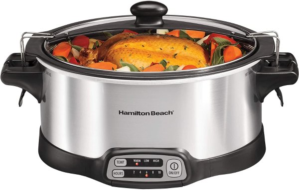 Hamilton Beach, Stay or Go Programmable Slow Cooker, Portable Stovetop Sear & Cook, 6 Quart, Lid Lock, Silver (33663)
