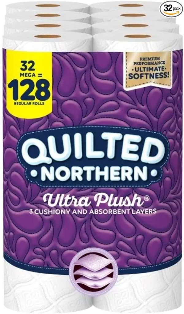 Ultra Plush Toilet Paper, 32 Mega Rolls = 128 Regular Rolls, 3-Ply Bath Tissue
