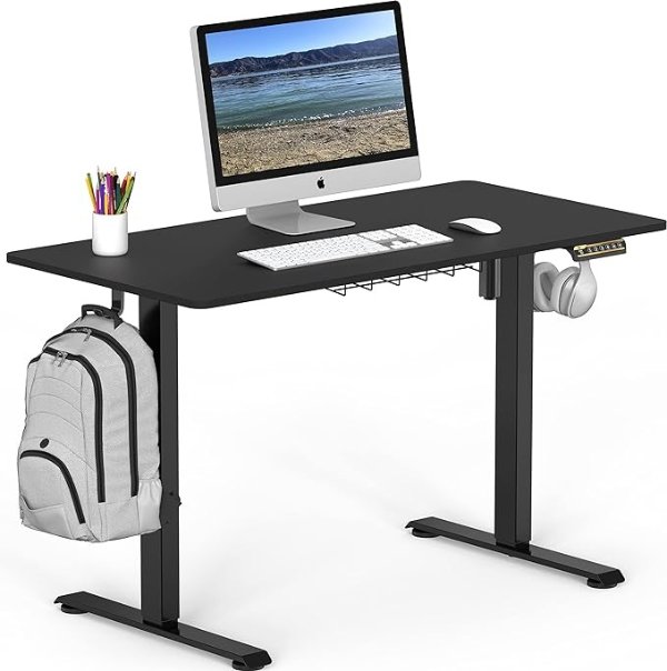 SHW Electric Height Adjustable Sit Stand Desk with Hanging Hooks and Cable Management, 48 x 24 Inches, Black Frame and Black Top
