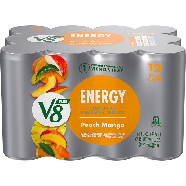 Peach Mango Energy Drink, Made with Real Vegetable and Fruit Juices, 8 Ounce Can (Pack of 12)