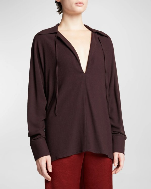 Collared Tie-Neck Blouse