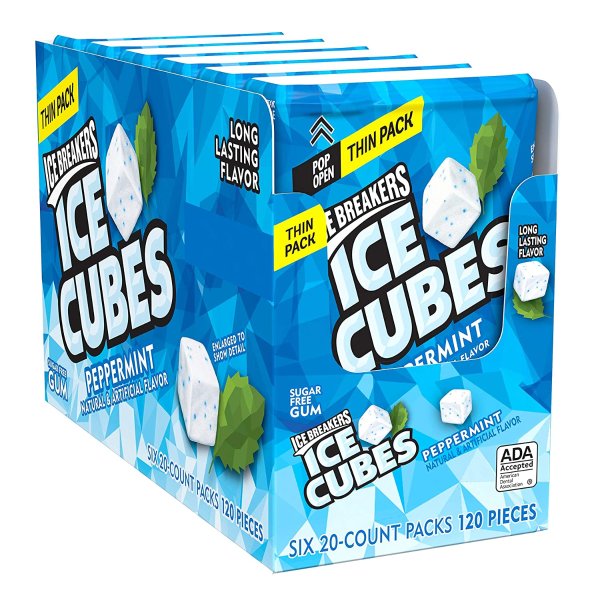 ICE CUBES Peppermint Sugar Free Chewing Gum, Made with Xylitol, 1.62 oz Thin Pack (6 Count)