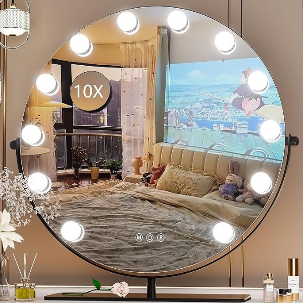 Hasipu Vanity Mirror with Lights, 20" x 20" Hollywood Makeup Mirror, Light up Mirror with 10X Magnification and Smart Touch Dimmable 3 Modes, 360° Rotation, Black