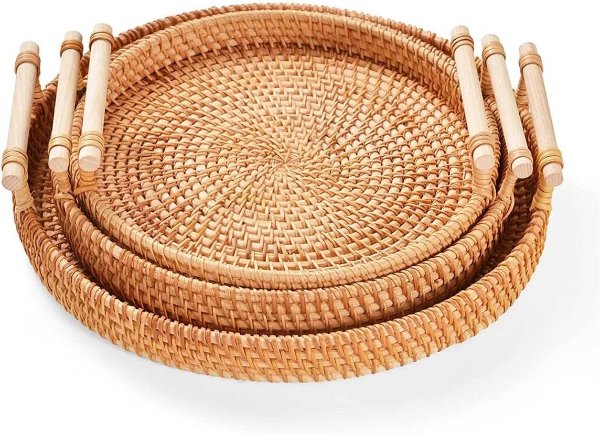 OFIDELITY 3 Pack Round Wicker Basket Trays with Handle