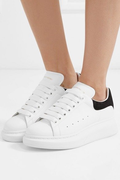 Suede-trimmed leather exaggerated-sole sneakers