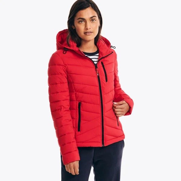 short puffer jacket with packable hood
