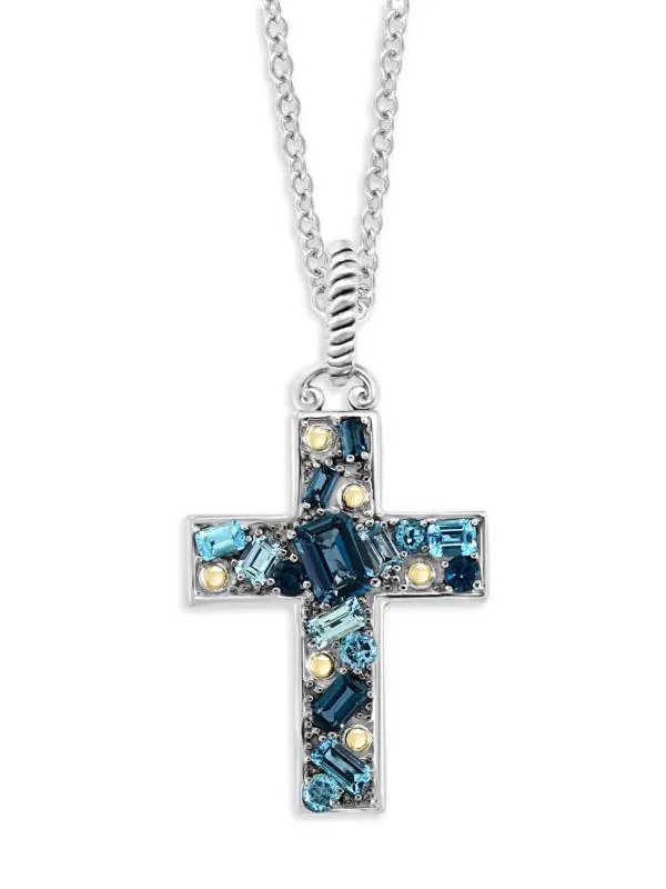 18K Yellow Gold, Sterling Silver & Multistone Cross Pendant Necklace