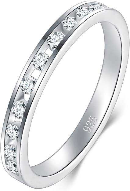2MM 925 Sterling Silver Ring, Cubic Zirconia CZ Wedding Band Stackable Ring