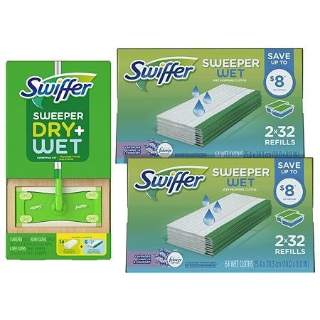 Swiffer Sweeper Dry + Wet sweeping Kit (1 Sweeper, 14 Dry Cloths, 6 Wet Cloths) and 2 Swiffer Sweeper Wet Refills, Lavender Vanilla and Comfort (64 ct.) - Sam's Club
