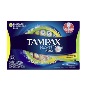 Tampax Pocket Pearl Duopack (Regular/Super) Plastic Tampons, Unscented, 34 Count